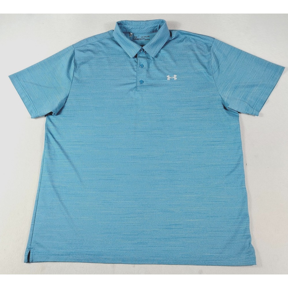 Under Armour Polo Shirt Mens 2XL Blue Stripe HeatGear Loose Golf Performance